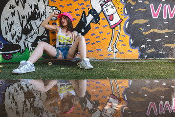Rude, sexy and tattooed young girl with white crop top, denim shorts and pink cap seated in his skateboard table in front of a colorful graffiti with reflection in water