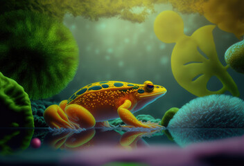 yellow frog on leaf, Generative AI Art Illustration