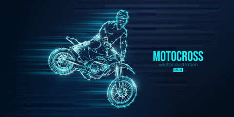 Abstract silhouette of a motocross rider, man is doing a trick, isolated on blue background. Enduro motorbike sport transport. Vector illustration - obrazy, fototapety, plakaty