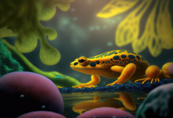 Fototapeta premium yellow frog on leaf, Generative AI Art Illustration