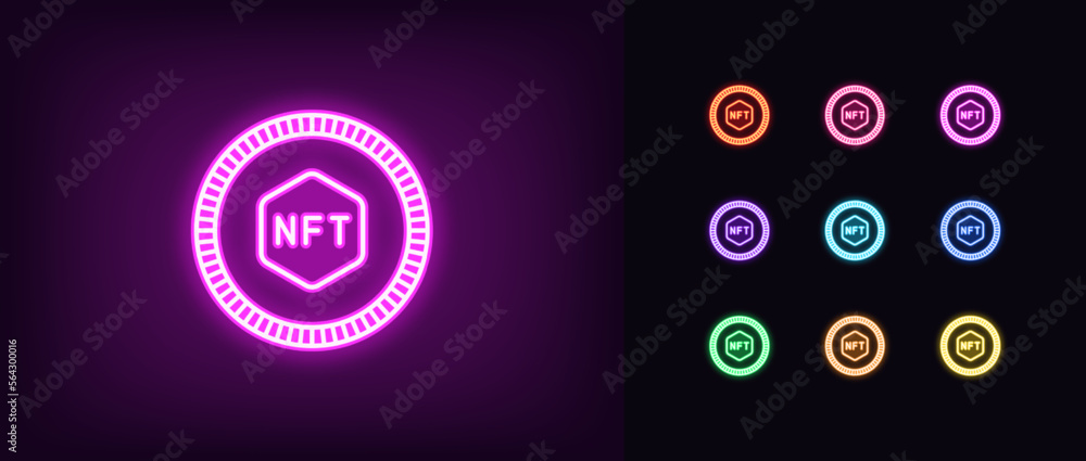 Poster outline neon nft token icon set. glowing neon token frame with nft sign, cryptographic game coin. di
