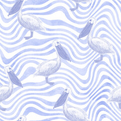 Watercolor blue navy hand drawn pelican seamless pattern