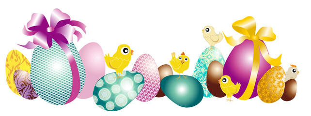 œufs de pâques colorés et poussins sur fond transparent