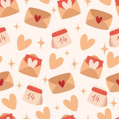 Seamless valentine's day pattern with envelopes and calendar in flat style