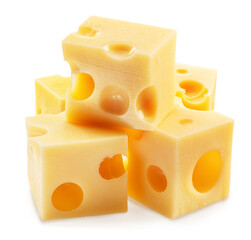 Pyramid of Emmental cheese cubes isolated on white background. File contains clipping path.