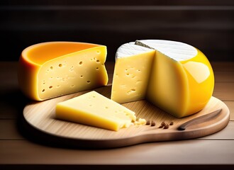 tasty cheese served on a wooden chopping board with various ingredients scattered around Generative AI