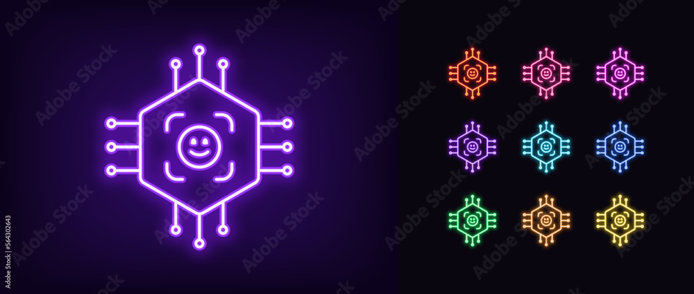 Poster outline neon id circuit icon set. glowing neon micro circuit frame with face id sign, face recogniti