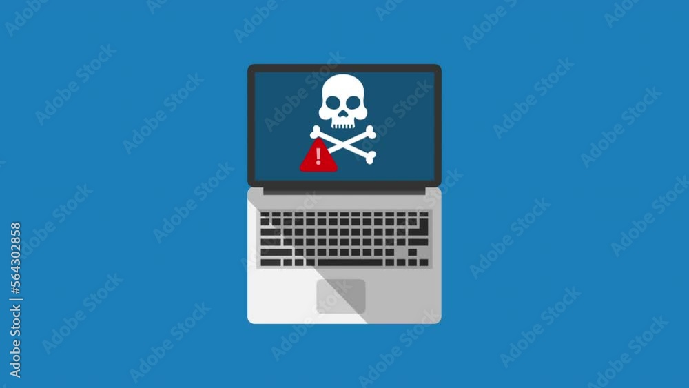 Poster malware virus ransomware attack warning alert concept motion animation.opened laptop in top view fla