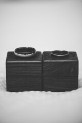 close up of black and white ring box