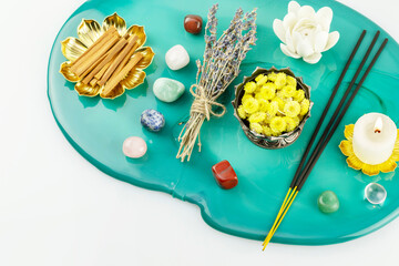 Self-care, healing composition with candle, aroma sticks, chakra stones, sandalwood sticks and dry...