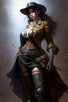 Asian female gunslinger in thigh high boots and skirt, wild west style