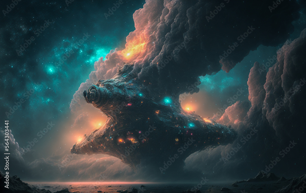 Poster gigantic alinen ship landing, big clouds and lights around it. created with generative ai technology