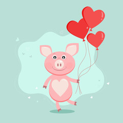 Cute, pink pig with balloons. Happy Valentine's Day vector illustration in a flat cartoon style.