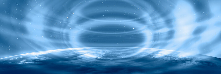 Obraz premium Technology waves revolve around the Planet earth 