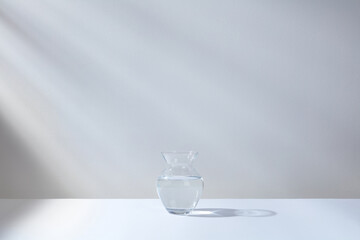 a glass vase with water stands on a white table with a backdrop against a white wall with shadows