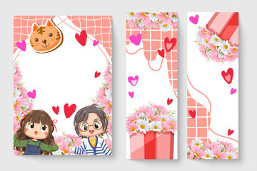 Sweet boy and girl couple with flowers, gift with floral background in spring theme illustration for kids fashion artworks, children books, prints, t shirt graphic.