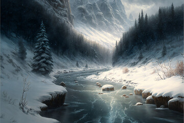 Snow covered mountains, winter landscape