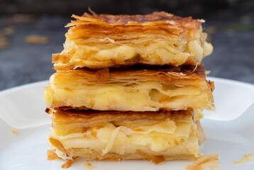 Turkish traditional pastry with cheese. Oven fried, delicious sliced cheese pastry.