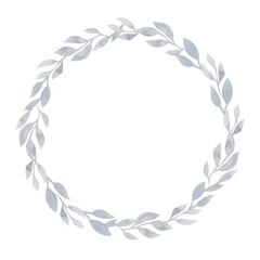 Watercolor blue and grey leaves and branches wreath, greeting card template, hand painted on a white background, Happy birthday card design