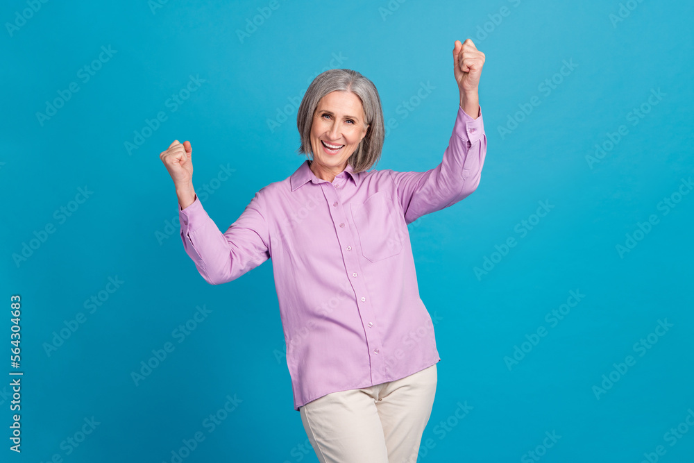 Sticker photo of cheerful lady wear trendy clothes raise hands fist celebrate low prices sale cool offer sho