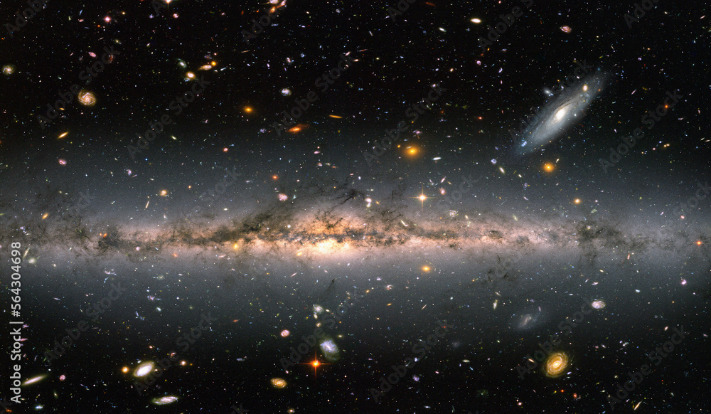 Poster universe concept - milky way and andromeda galaxies thousands of galaxies in the background 
