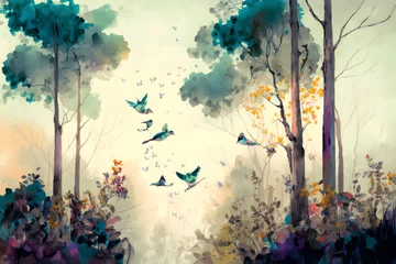 Fototapete Bestsellern Sammlungen Digital watercolor painting of a forest landscape with birds, butterflies and trees, in bright colors. high quality illustration.