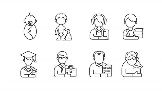 Animated male persons linear icons. Boyhood and adulthood. Generations. Youth, senility. Seamless loop HD video with alpha channel on transparent background. Outline motion graphic animation