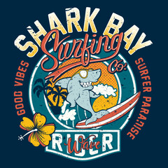 Cute Shark bay surfing company cartoon vector print for children wear grunge effect in separate layer