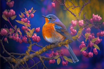 robin on a blossom branch Generative AI