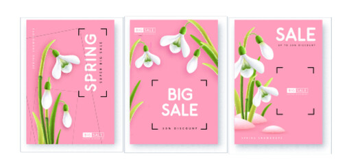 Set of Spring big sale posters with realistic full blossom snowdrops. Set of modern magazine covers. Vector illustration
