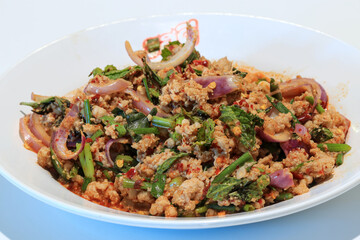 Larb Moo, a Thai dish with lots of vegetables and herbs.
