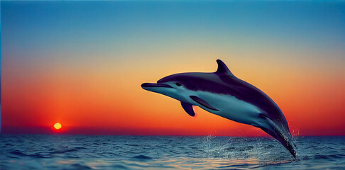 dolphin jumping at sunset, Generative AI Art Illustration