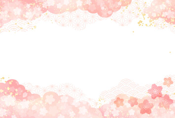 Fototapeta na wymiar 春　桜　ピンク　和柄　雲　水彩風　背景