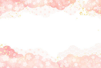 Fototapeta na wymiar 春　桜　ピンク　和柄　雲　水彩風　背景