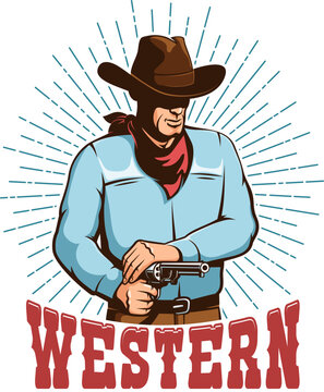 Western vintage emblem with wild west cowboy. Cowboy retro badge. Vector illustration