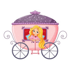 Cute little princess and carriage. Cheerful princess cartoon character