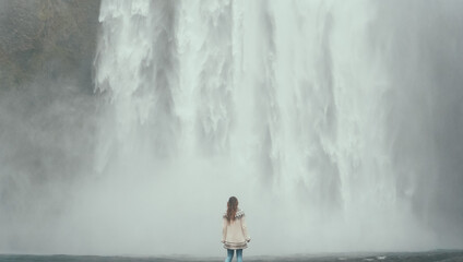 Fototapeta na wymiar Young tourist woman standing near the powerful waterfall in Iceland and enjoying the beautiful view of water.