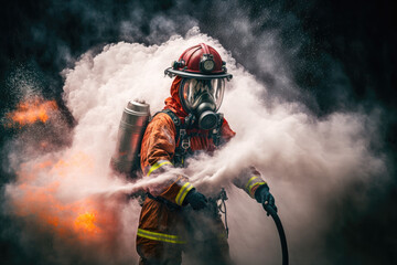 A firefighter on duty isolated on a black background with smoke and fire. Generative AI