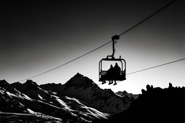 Obraz premium a silhouette of two people in the chairlift. Generative AI