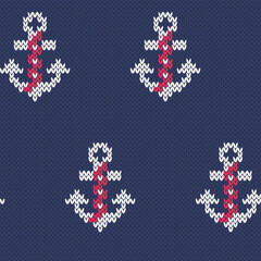Nautical anchor knitted seamless pattern for knit wear. Navy blue background and red heart shape. Vector illustration.