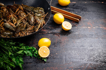 Fresh uncooking crayfish in a pot of lemon and parsley. 