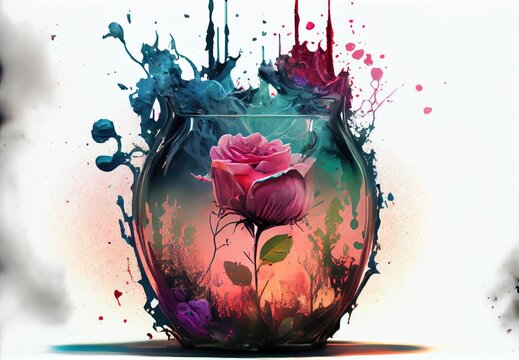 Realistic grudge style roses in a glasbowl filles with water, watercolor, painting, realistic