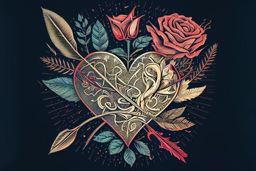 Vector heart with roses and arrows, ornament, illustration