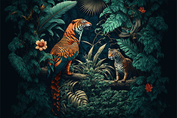 abstract jungle image. a bird looks like a tiger. Generative Ai