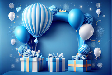 Blue birthday decor with balloons an presents ideal for celebration backgrounds, generative AI - obrazy, fototapety, plakaty