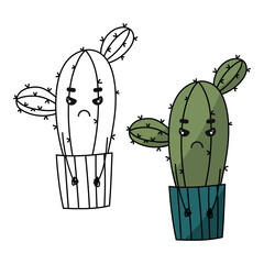 Cactus coloring book page. Cactus in pot