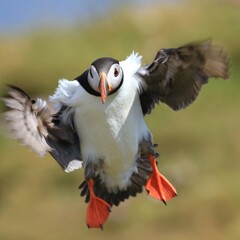 The Atlantic puffin in the flight (Fratercula arctica) with beek full of eels on its way to nesting burrow in breeding colony, Shetland islands