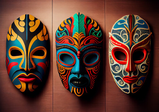 Colorful masks from different countries and cultures forming a multicolored background, generative AI