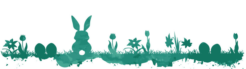 Happy Easter banner panorama wide holiday greeting card template illustration painting vector - Silhouette of easter symbols, easter bunny, easter eggs and daffodils on meadow with green watercolor.