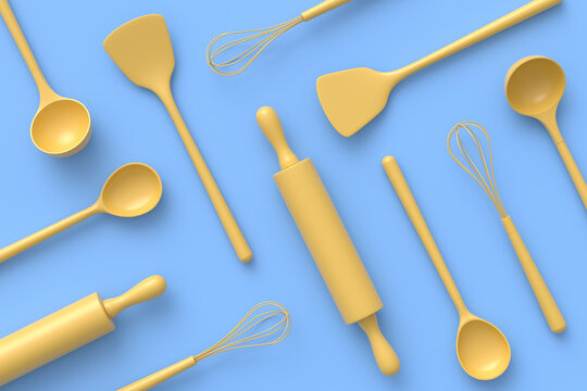 Wooden kitchen utensils, tools and equipment on monochrome background.